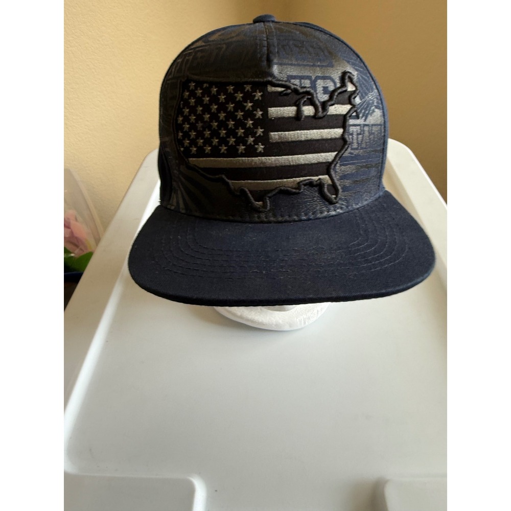Top Level USA Map Flag Snapback Hat Navy Blue Flat Brim Cap One Size